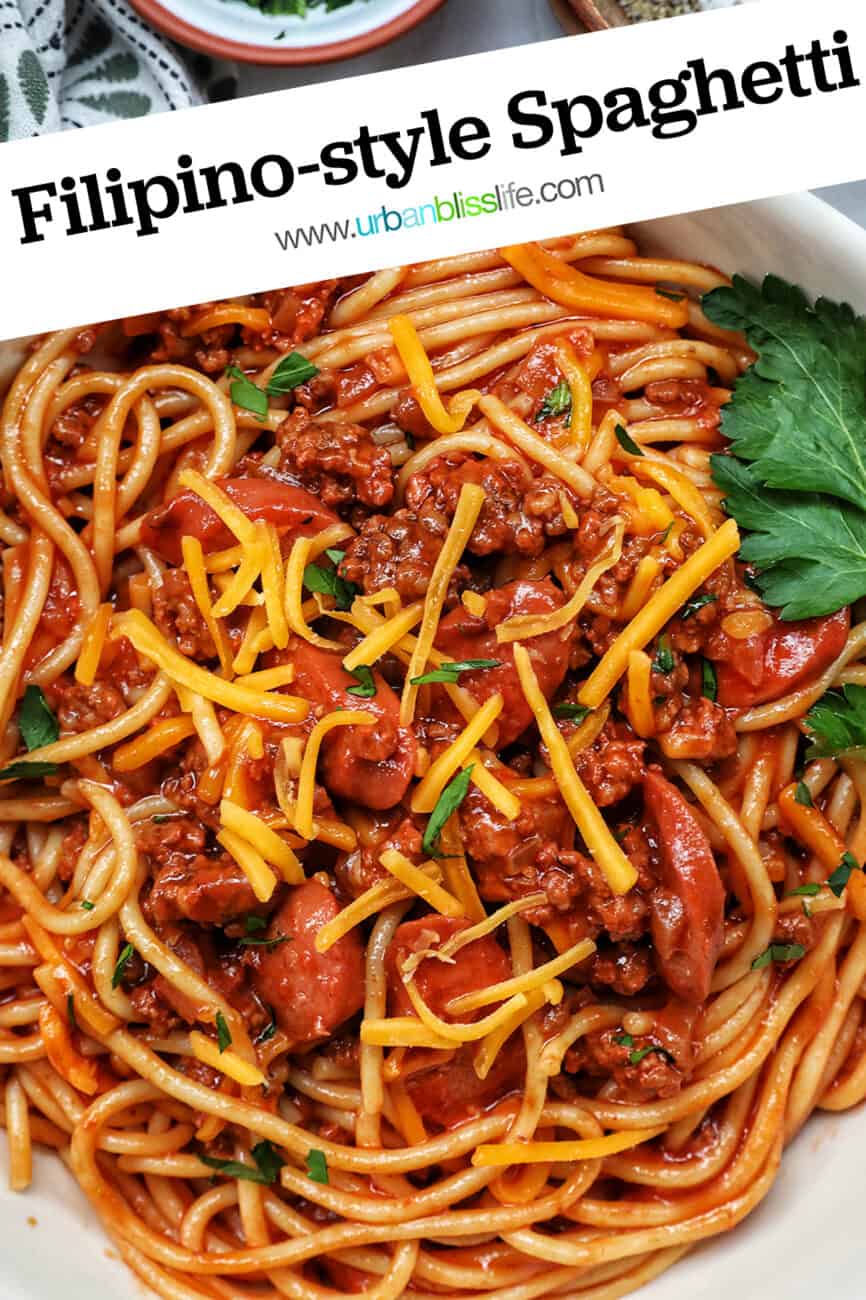 Jolibee spaghetti in a bowl with parsley, shredded cheese with text reading Filipino-style Spaghetti.