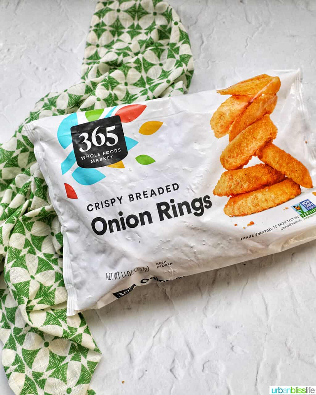 package of frozen onion rings 365 Whole Foods Market brand.
