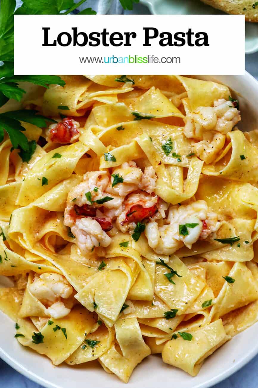 bowl of lobster pasta with side of parsley with title text overlay
