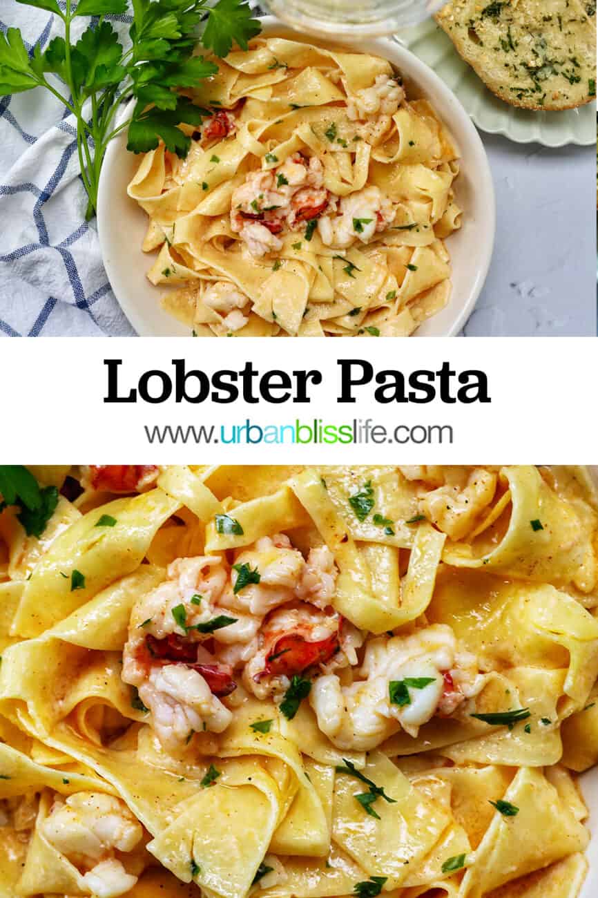 bowl of lobster pasta with side of parsley with title text overlay