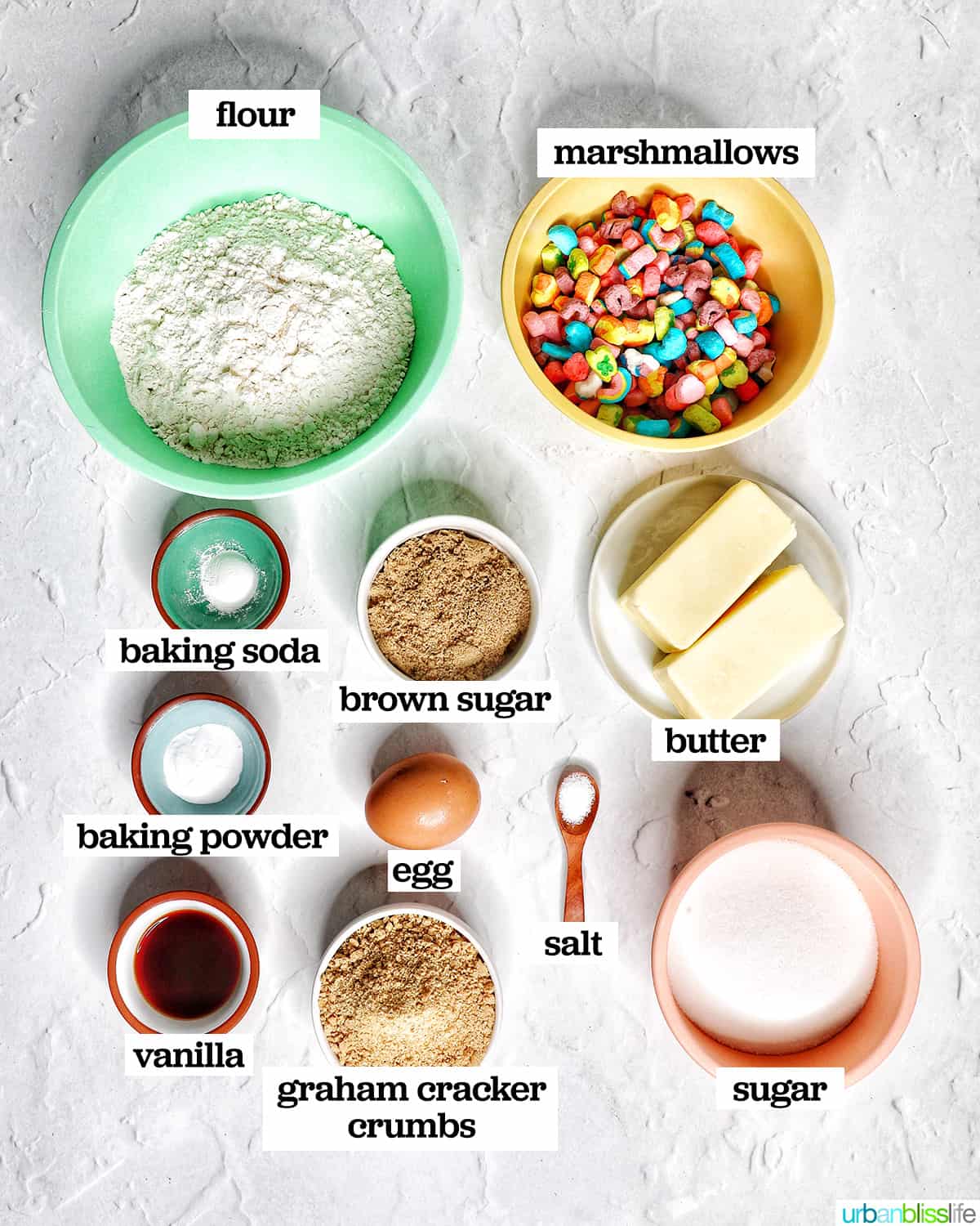 bowls of ingredients to make Lucky Charms Cookies.