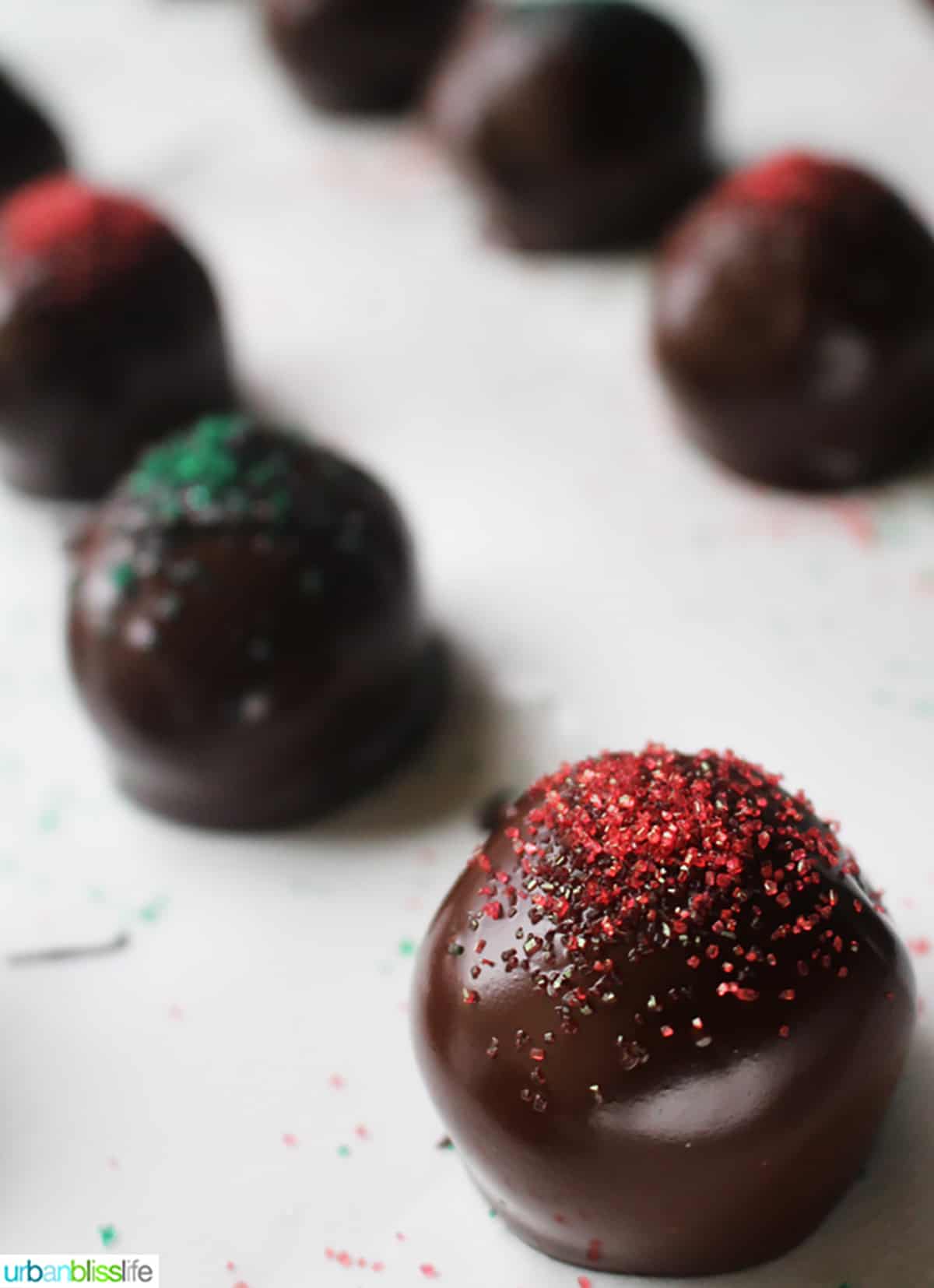 No bake Oreo balls with red and green sprinkles