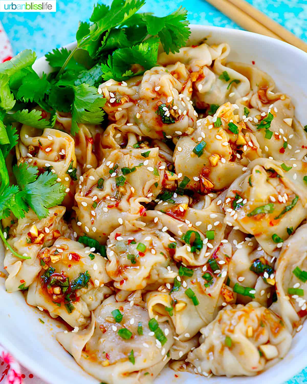 shrimp and pork wontons in chili oil.