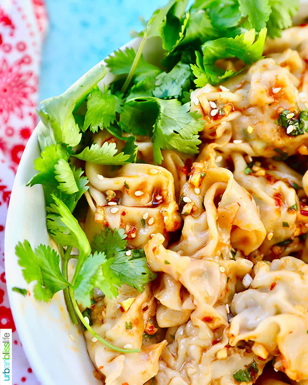 shrimp and pork wontons in bowl with parsley.