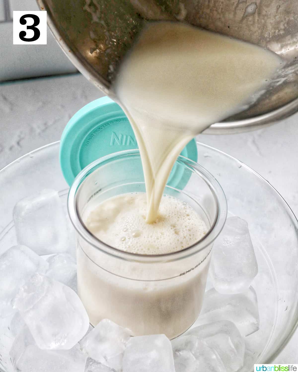 pouring Stracciatella ice cream mixture in a Ninja Creami pint container in an ice bath.