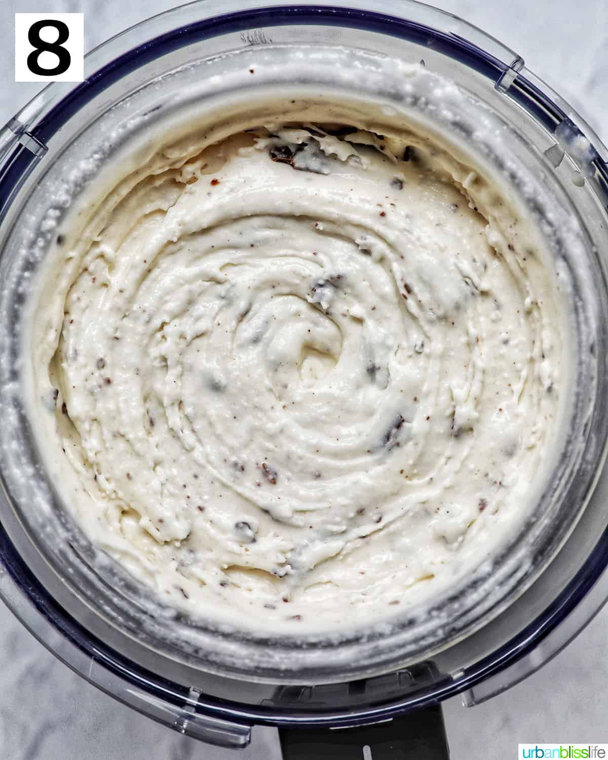 Ninja Creami pint container with stracciatella ice cream in it.