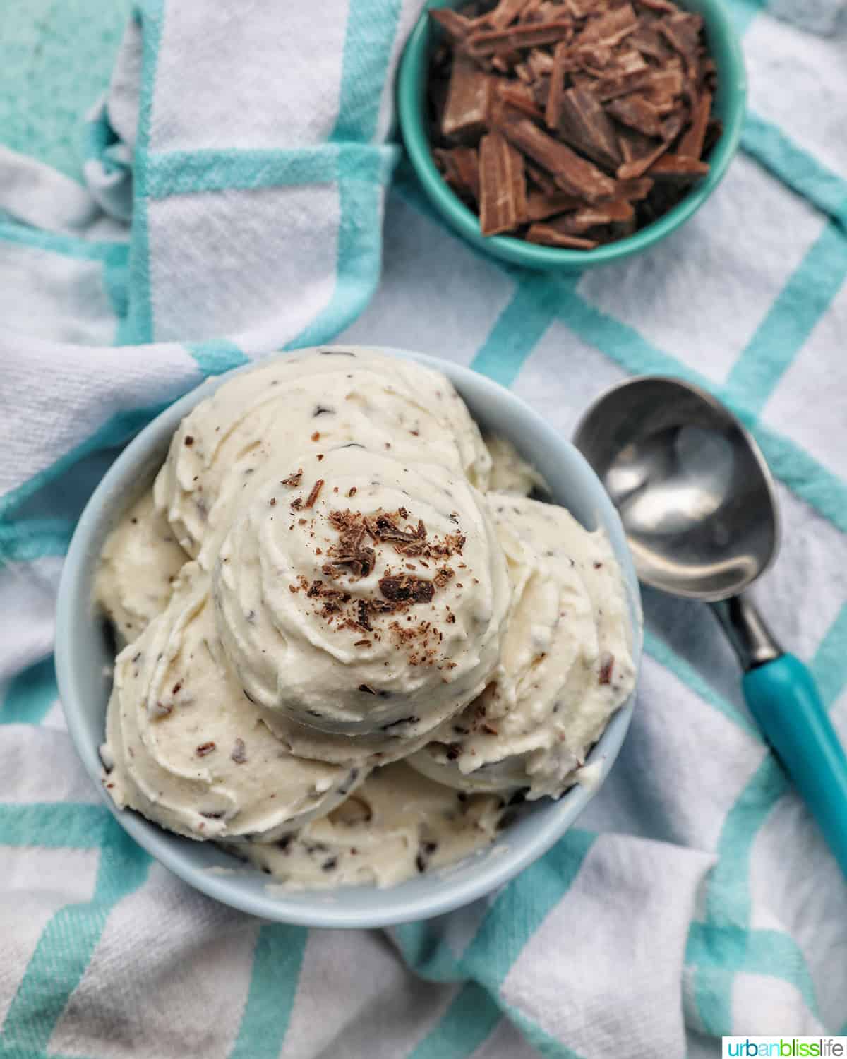 bowl of stracciatella ice cream scoops with bowl of chocolate shavings on the side.