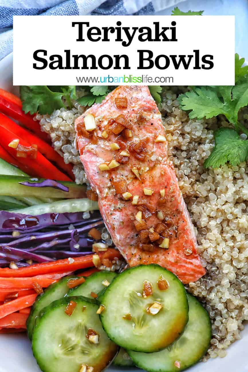 teriyaki salmon on a bed of quinoa with side of sliced colorful vegetables and a fork with text that reads Teriyaki Salmon Bowl.