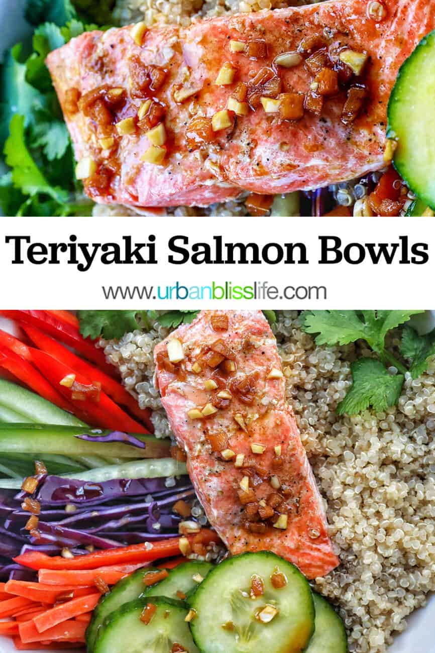 teriyaki salmon on a bed of quinoa with side of sliced colorful vegetables and a fork with text that reads Teriyaki Salmon Bowl.