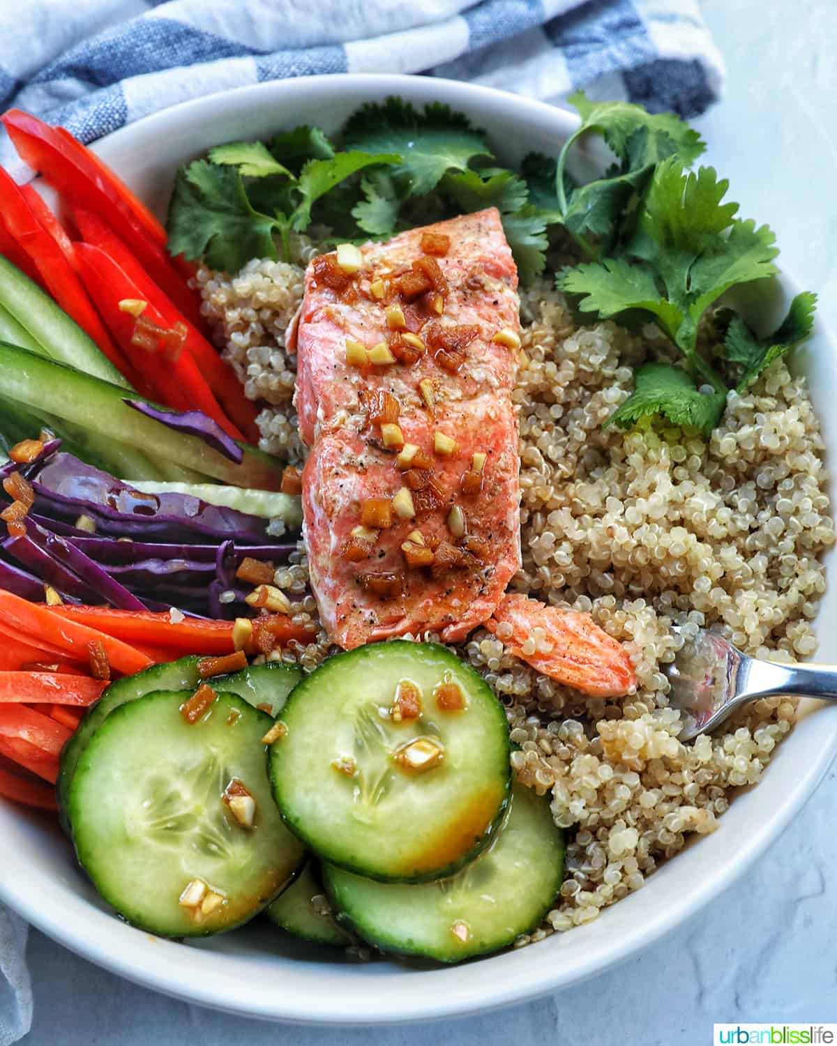 teriyaki salmon on a bed of quinoa with side of sliced colorful vegetables and a fork.