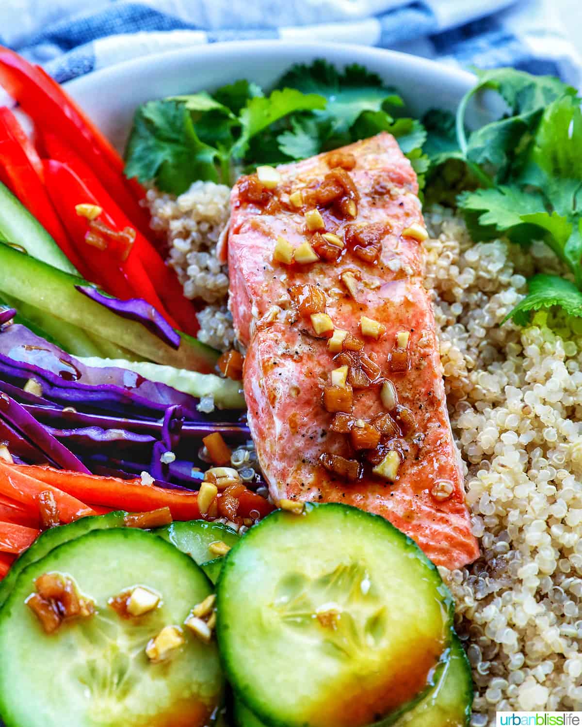 teriyaki salmon on a bed of quinoa with side of sliced colorful vegetables and a fork.