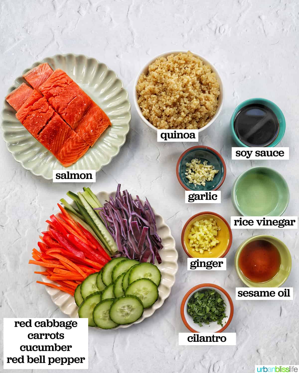 bowls of ingredients to make teriyaki salmon bowls.
