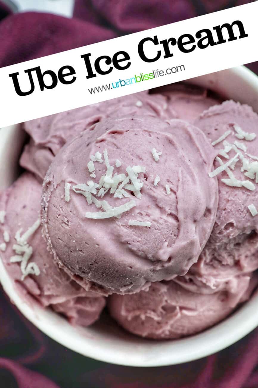 white bowl with scoops of purple ube ice cream topped with coconut flakes with title text that reads Ube Ice Cream.