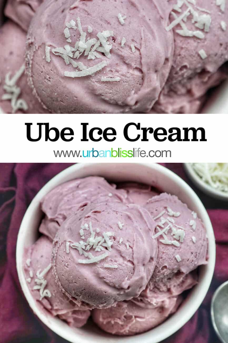 white bowl with scoops of purple ube ice cream topped with coconut flakes with title text that reads Ube Ice Cream.