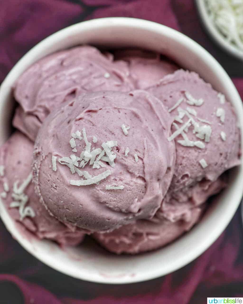 white bowl with scoops of purple ube ice cream topped with coconut flakes.