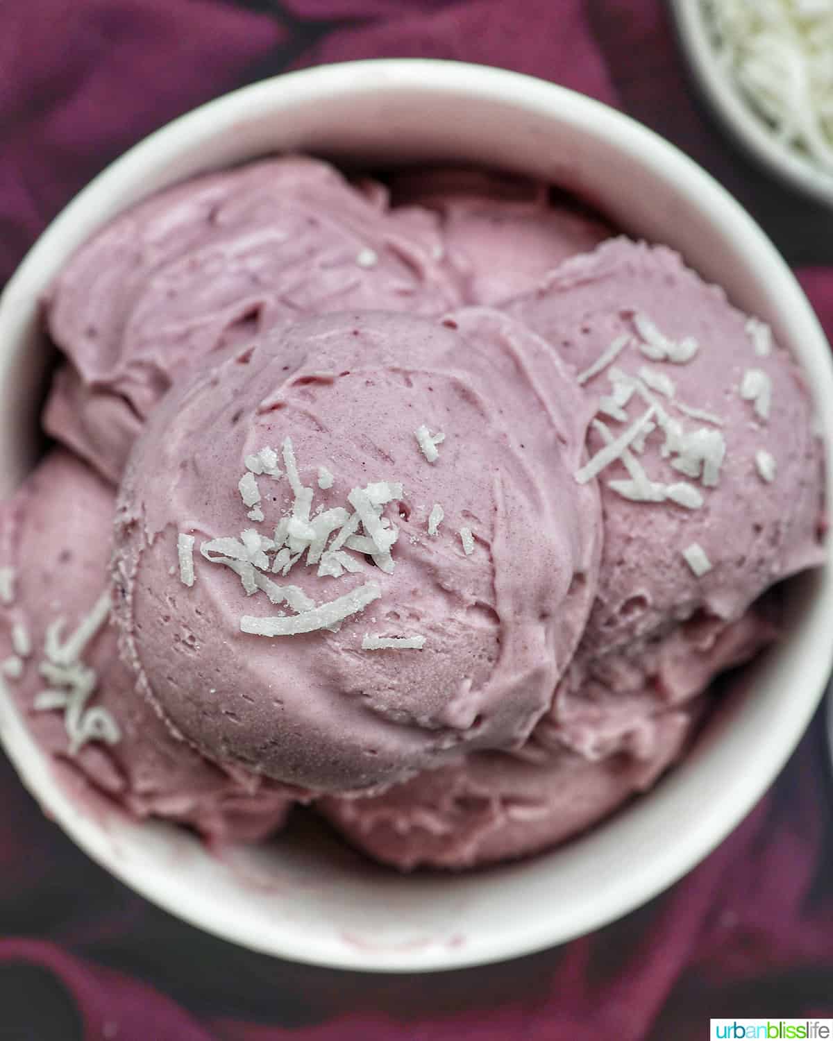 white bowl with scoops of purple ube ice cream topped with coconut flakes.