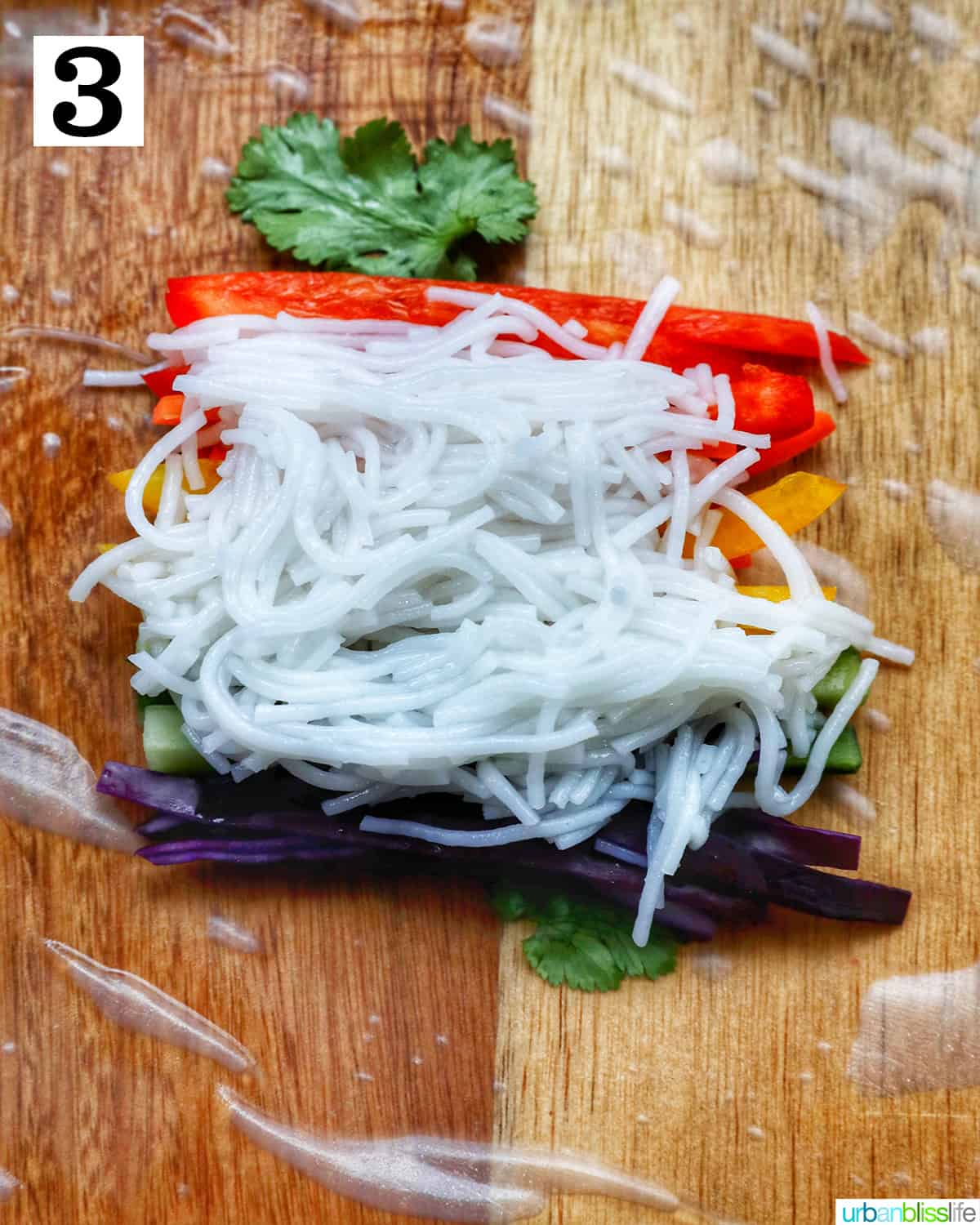 rice paper roll topped with vermicelli rice noodles and sliced colorful vegetables on a wooden cutting board.