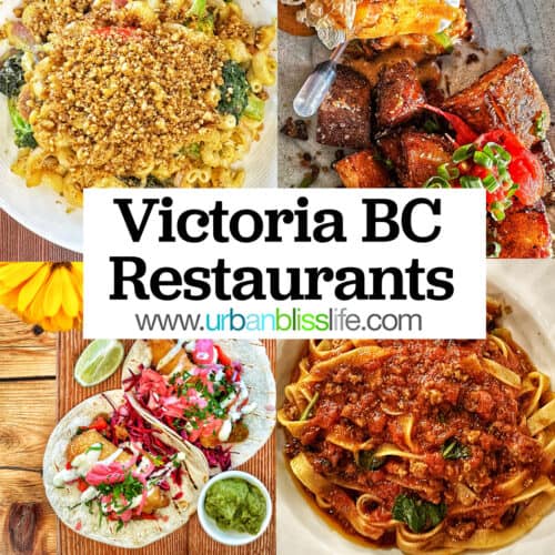 four dinner dishes of pasta, tacos, seafood benedict, and vegan mac and cheese with title text that reads Victoria BC restaurants.