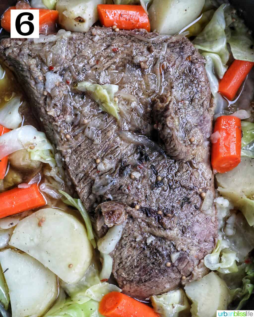 brisket in a Dutch oven with carrots, potatoes, and cabbage.