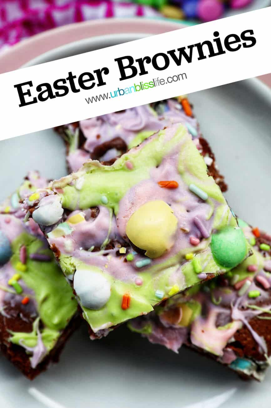 colorful Easter brownies stacked on a plate with title text that reads Easter Brownies.
