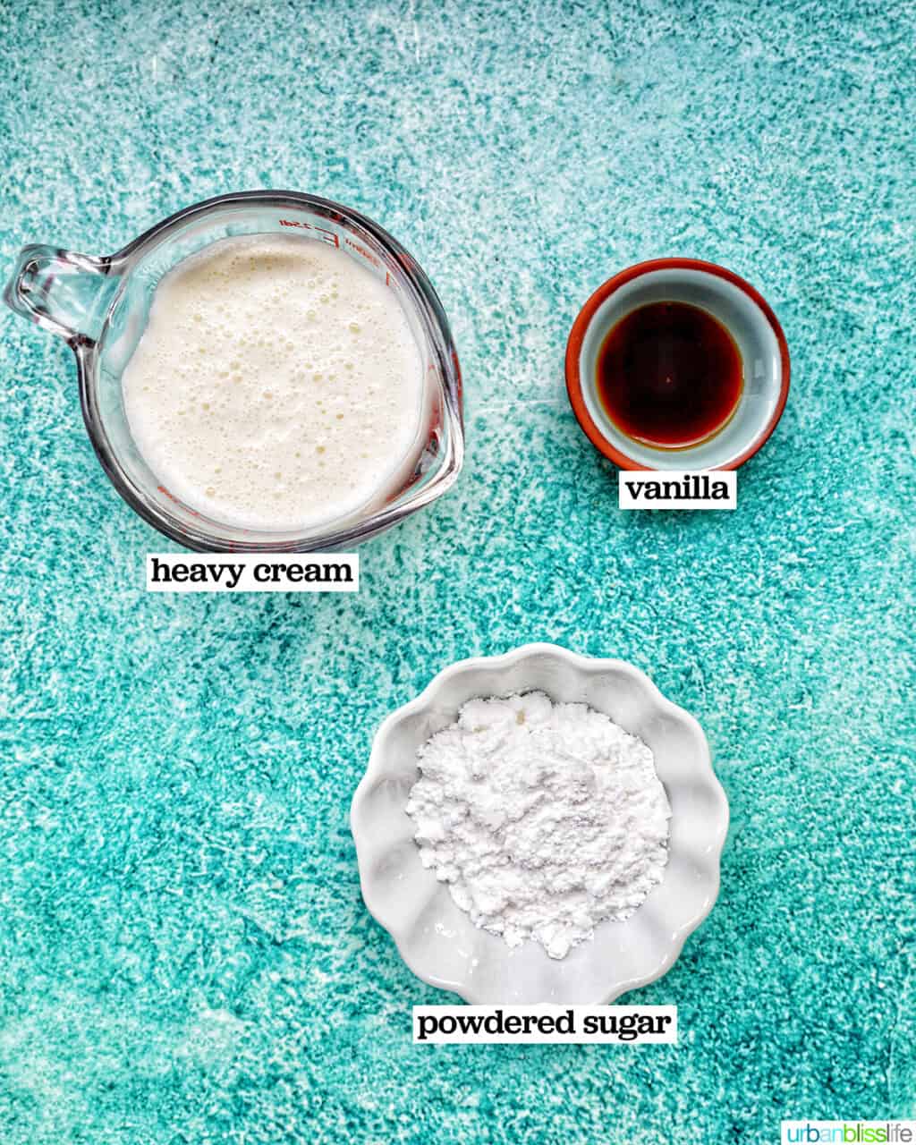 bowls of ingredients to make whipped topping for cake.