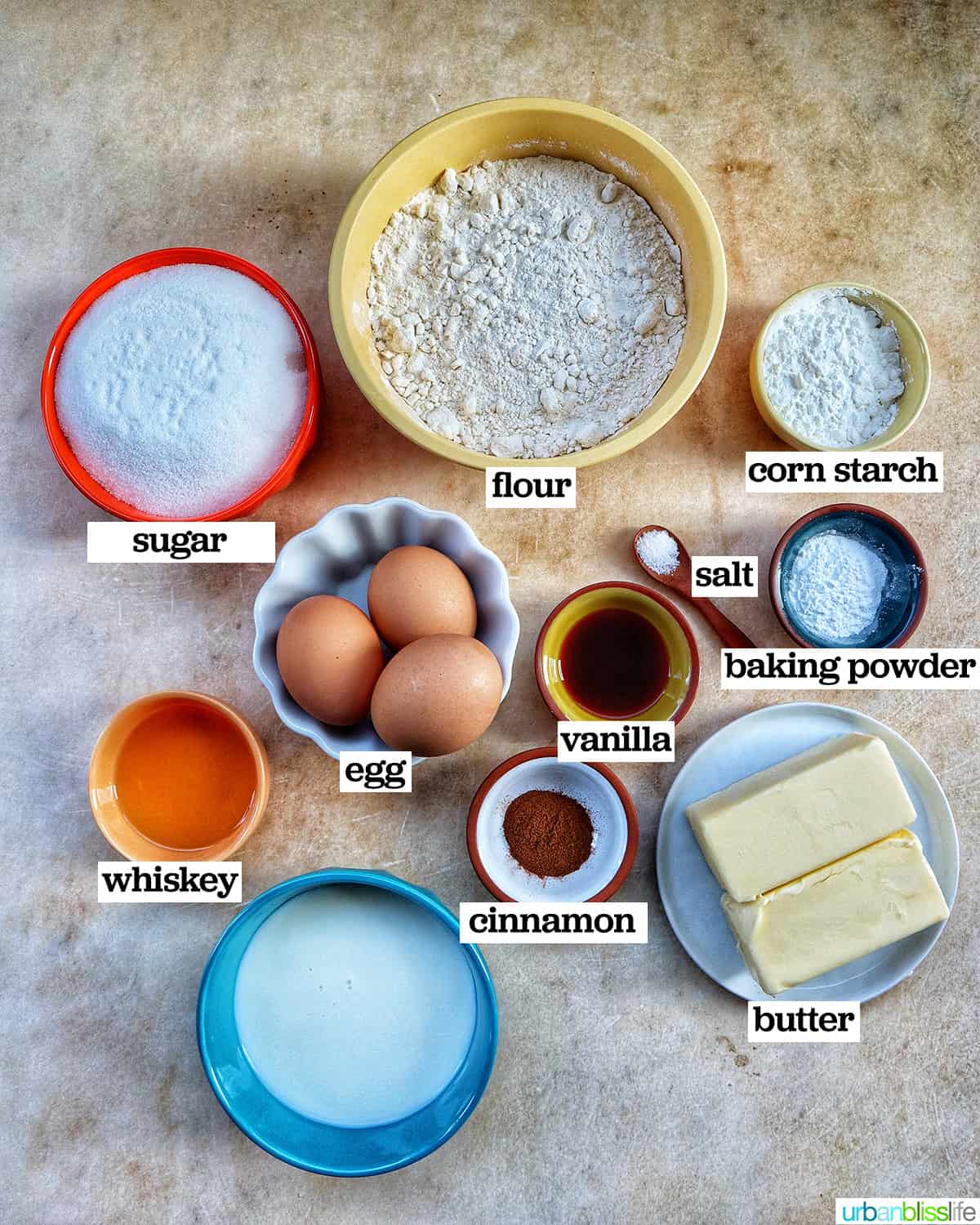 bowls of ingredients to make fireball cupcakes.