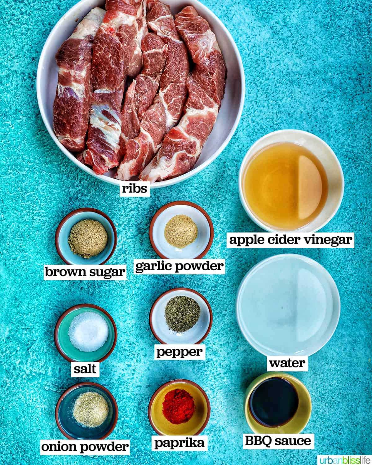 bowls of ingredients to make instant pot country style ribs.