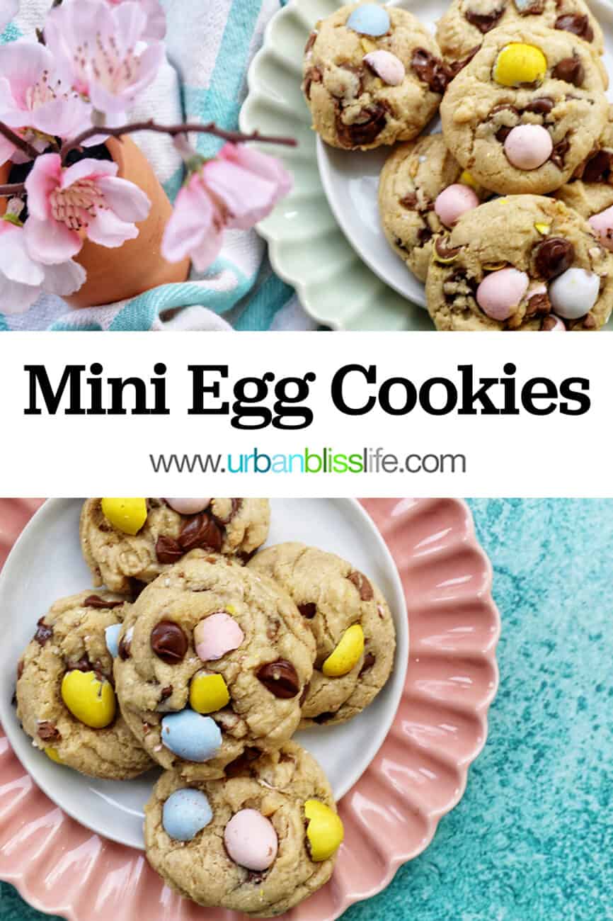 stack of Easter mini egg cookies on a pink scalloped plate with text that reads Mini Egg Cookies.