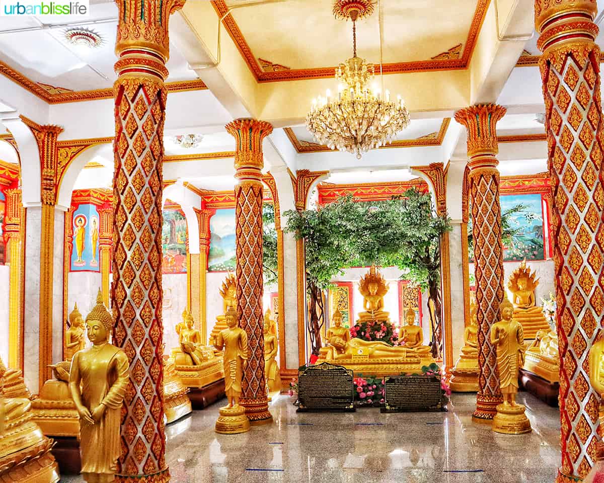 golden buddhas in the Prayer Hall of Wat Chalong Temple in Phuket Thailand.