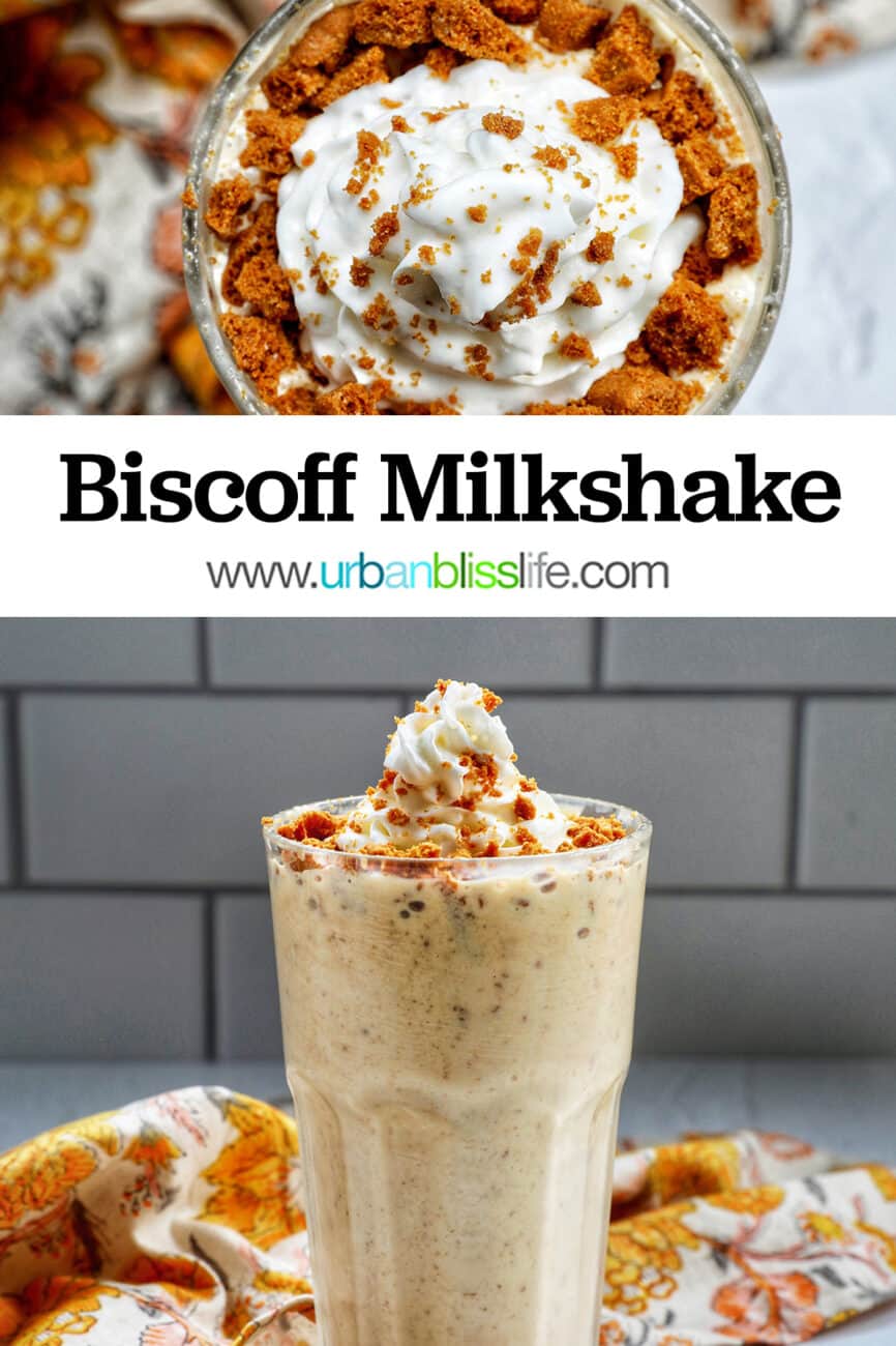 Biscoff Milkshake in a milkshake glass with a yellow floral kitchen linen and biscoff cookie.