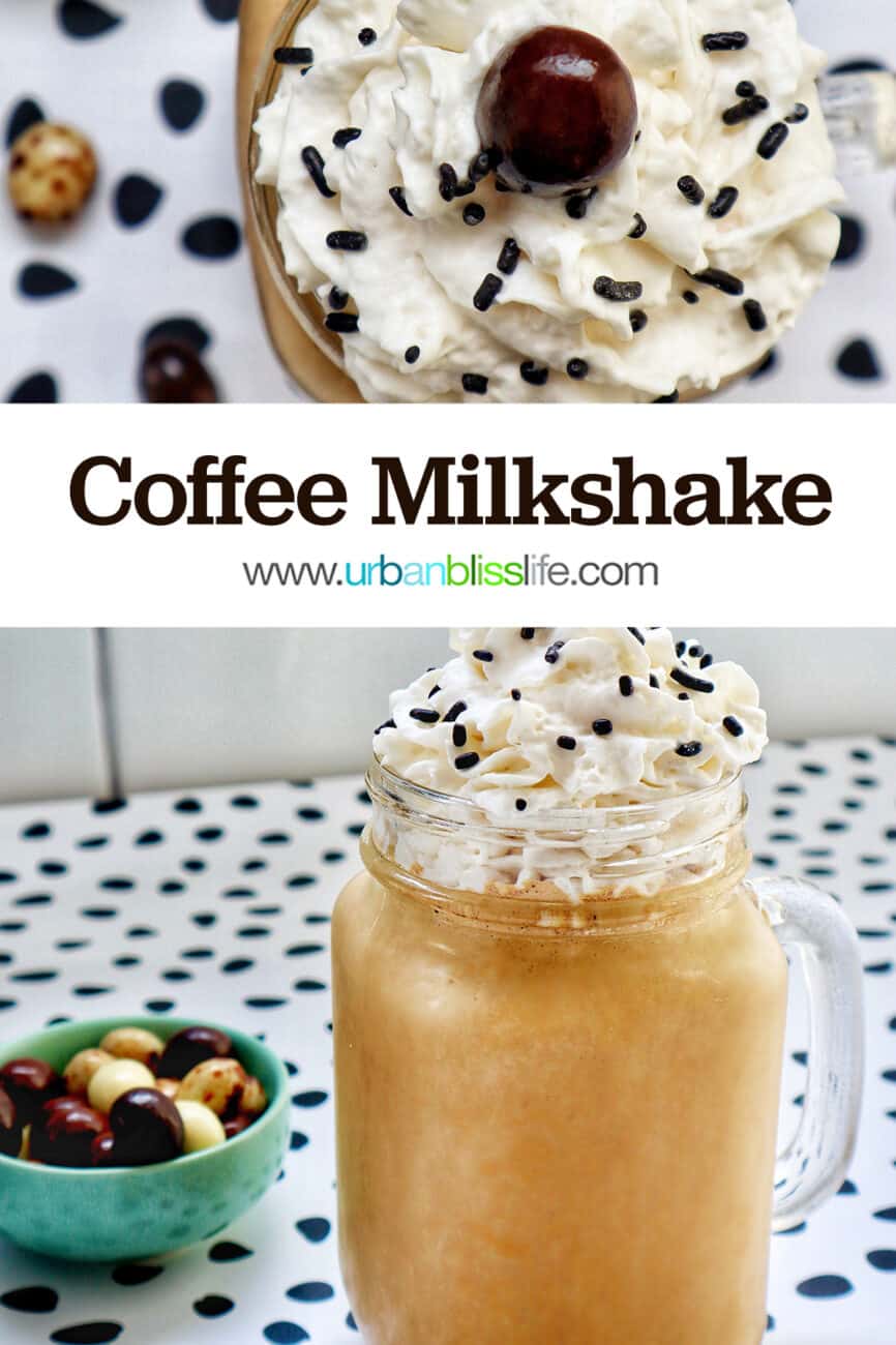 coffee milkshake in a mason jar mug with whipped cream and chocolate covered espresso beans on a polka dot table.