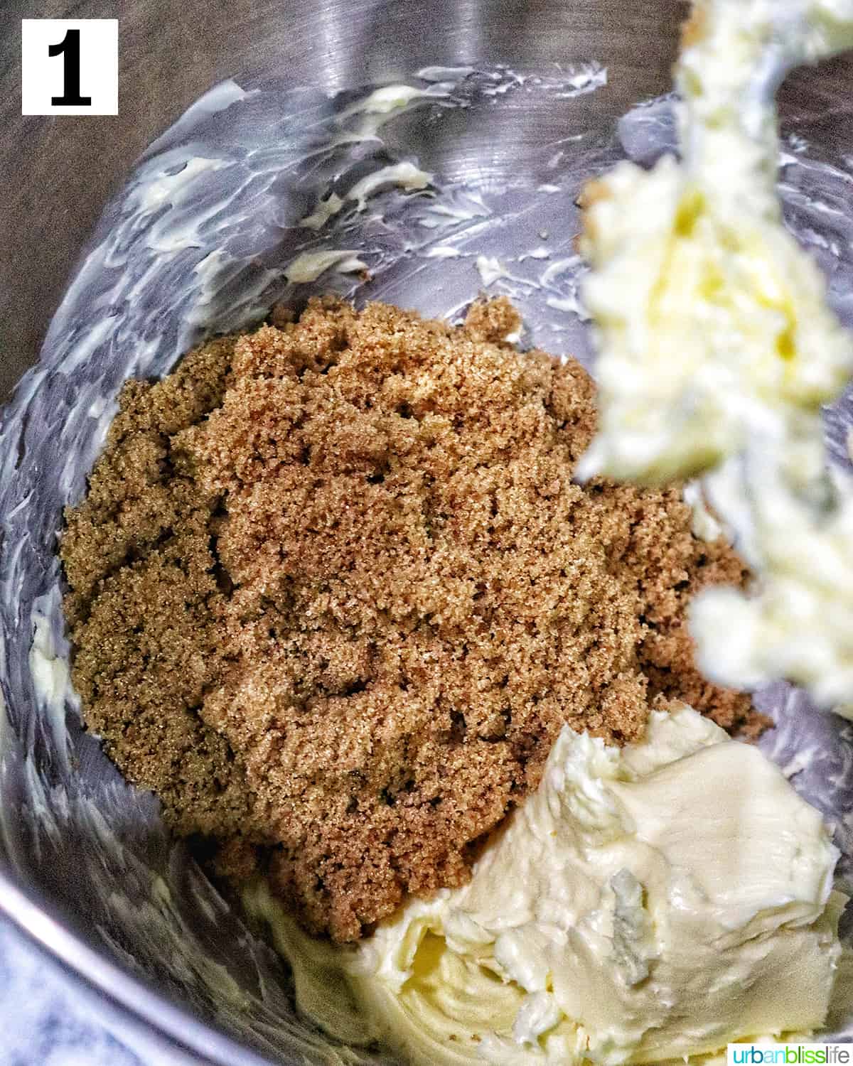 stand mixer with brown sugar and creamed butter.