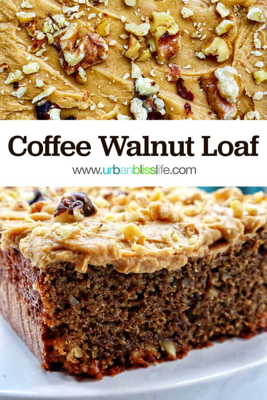 A coffee walnut loaf cake with coffee buttercream frosting on a white pedestal.