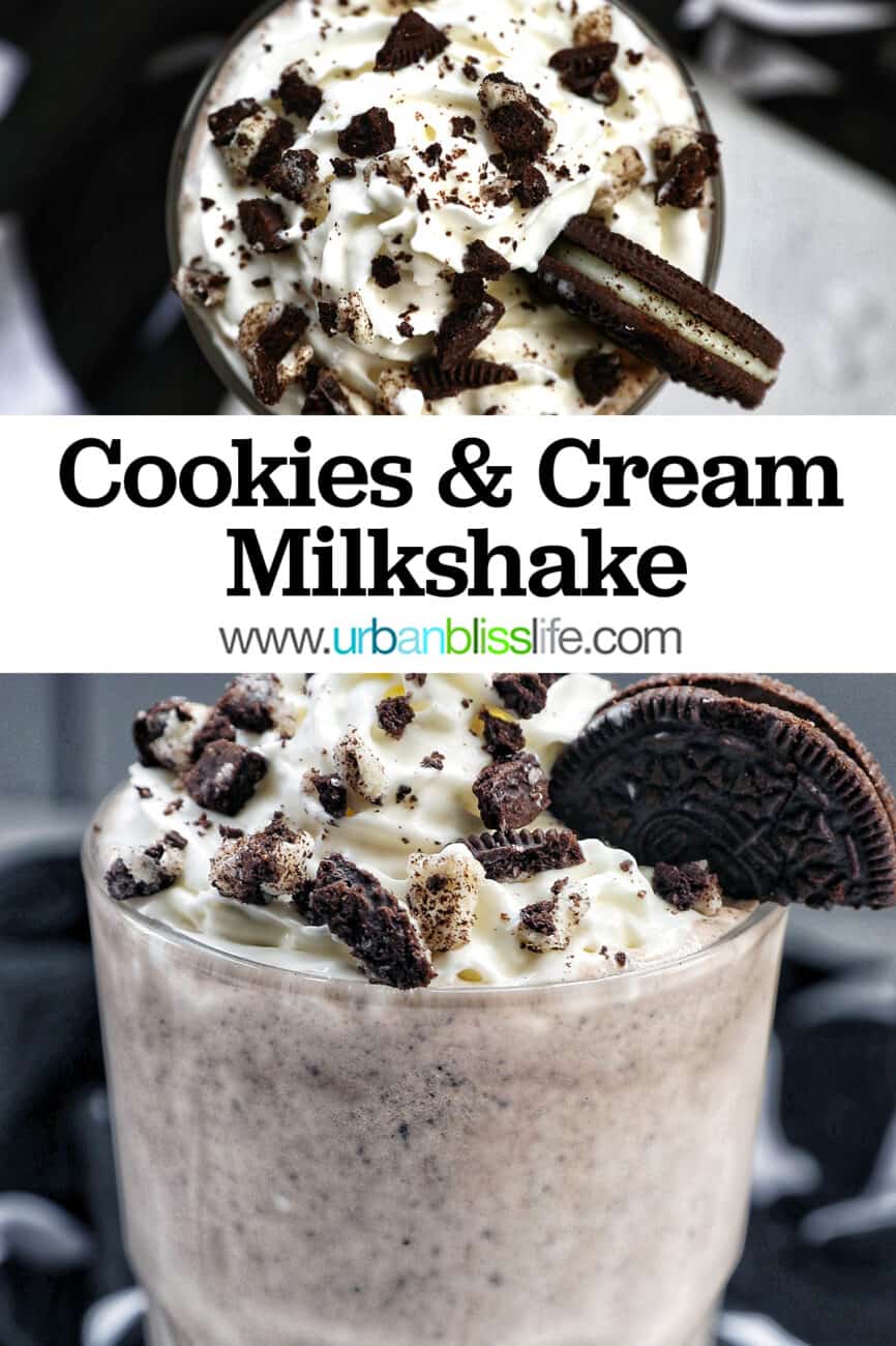 Cookies & Cream Milkshake in a tall glass with whipped cream topping and crushed Oreo cookies on top.