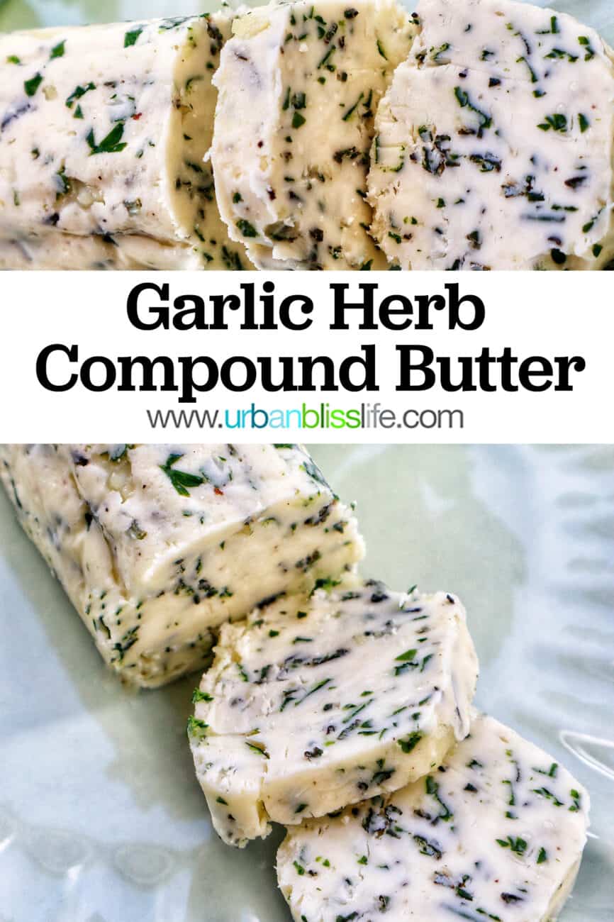 garlic herb compound butter on a green plate with side of herbs.