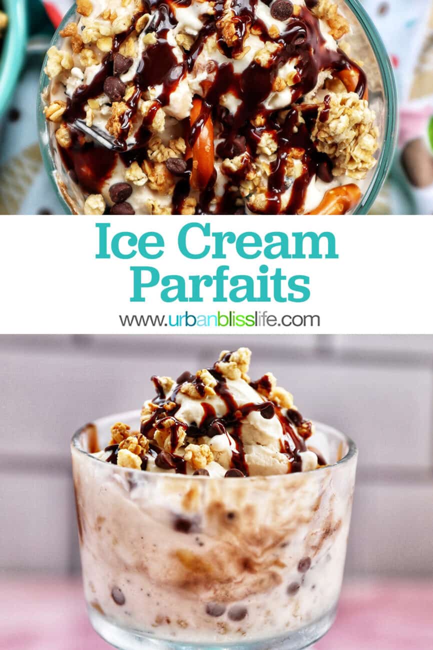 ice cream parfait topped with granola, chocolate syrup, mini chocolate chips on a colorful kitchen towel surrounded by sides of more toppings.