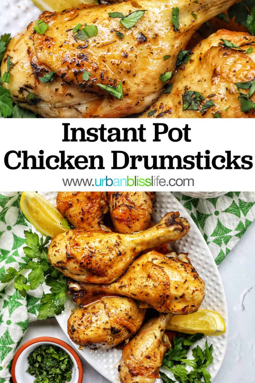 Stack of chicken drumsticks with seasoning and garnished with parsley and side of lemon wedges on bed of herbs.