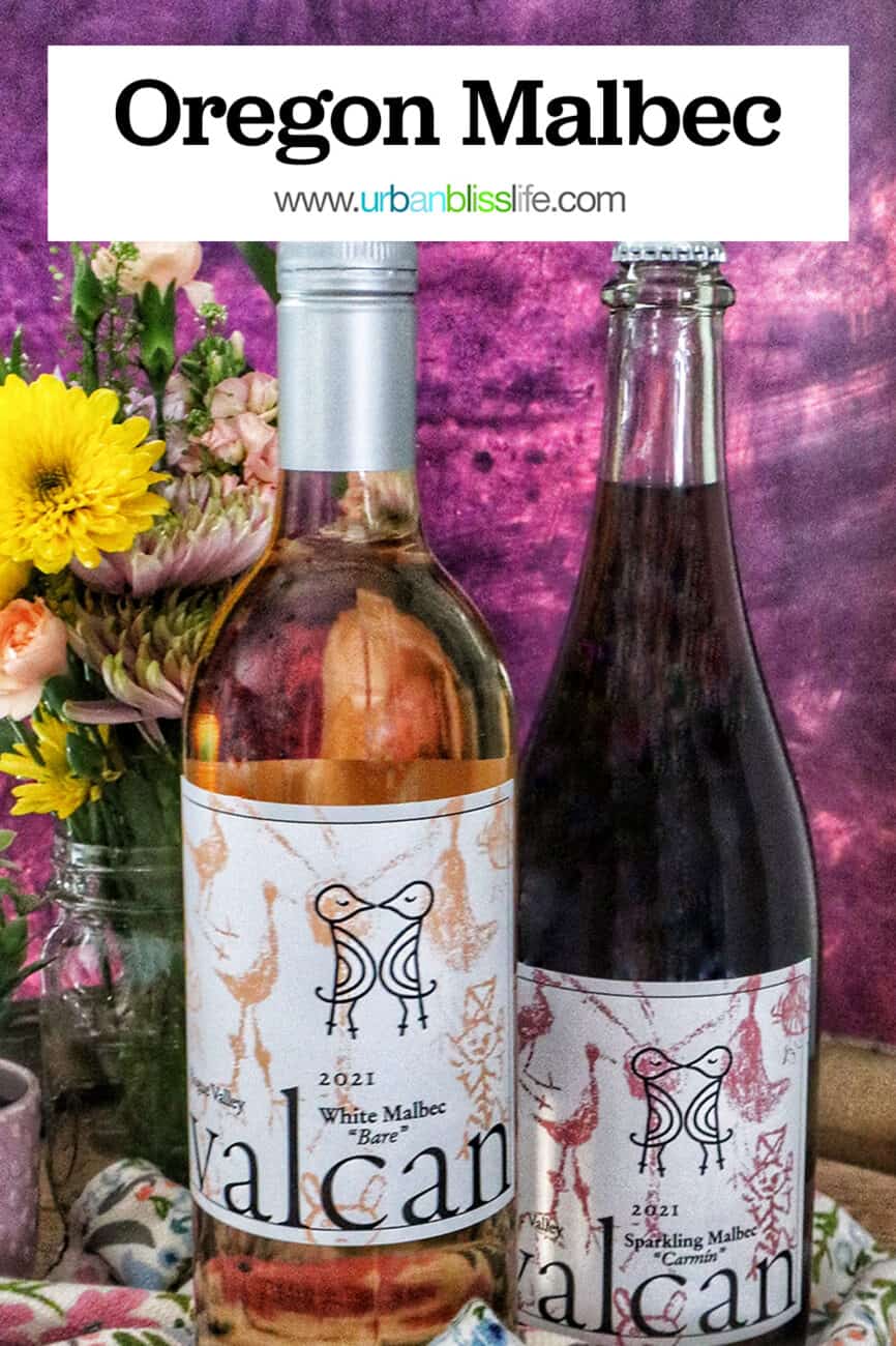 Valcan Cellars bottle of White Malbec and Sparkling Malbec on spring towel on a wine barrel with spring flowers.