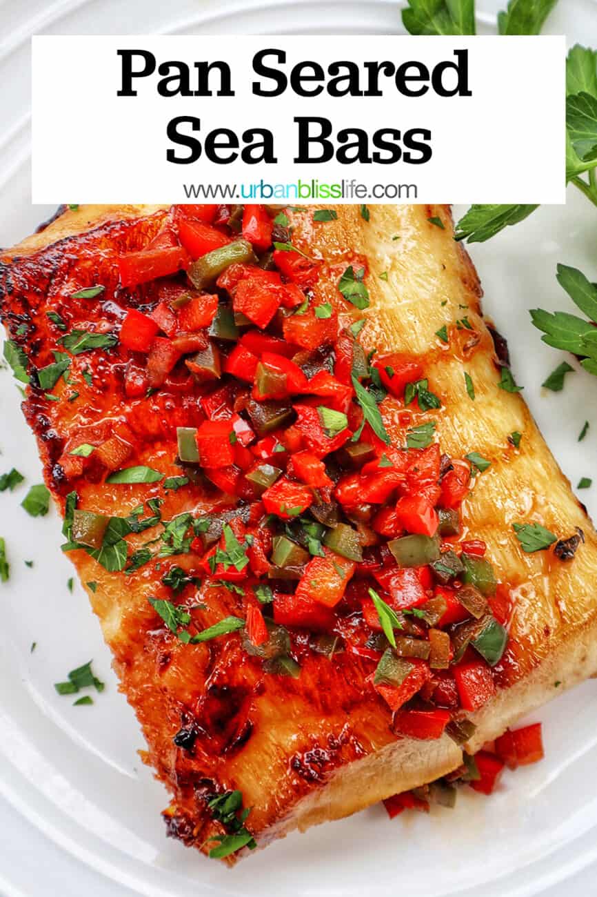 pan seared sea bass with red bell pepper and green bell pepper relish.