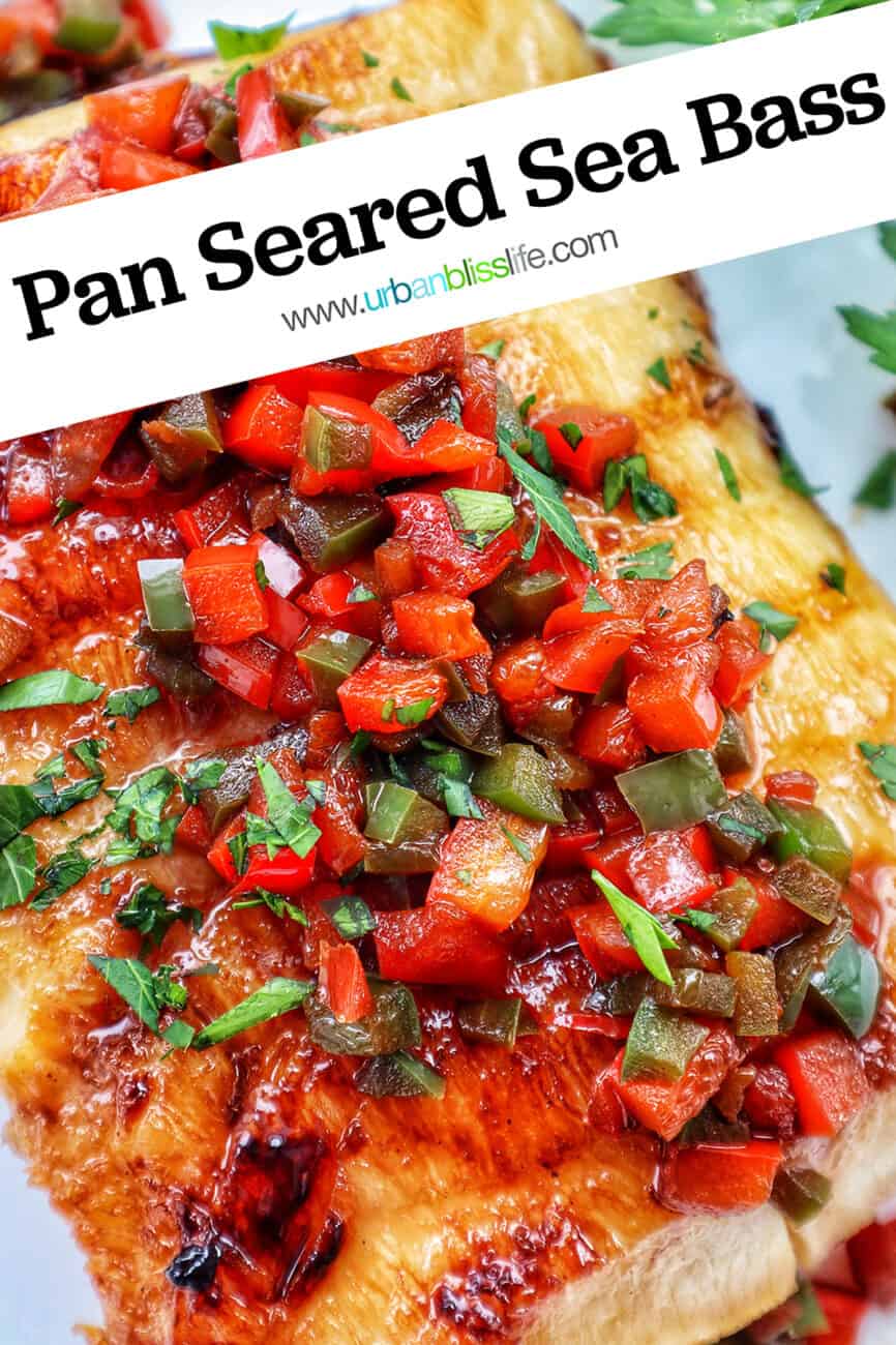 pan seared sea bass with red bell pepper and green bell pepper relish.