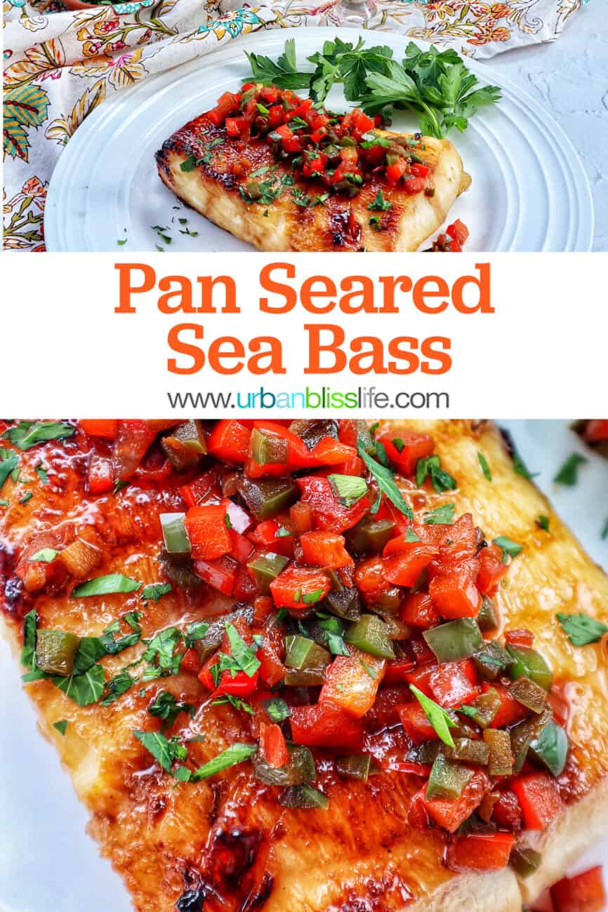 pan seared sea bass with red bell pepper and green bell pepper relish.