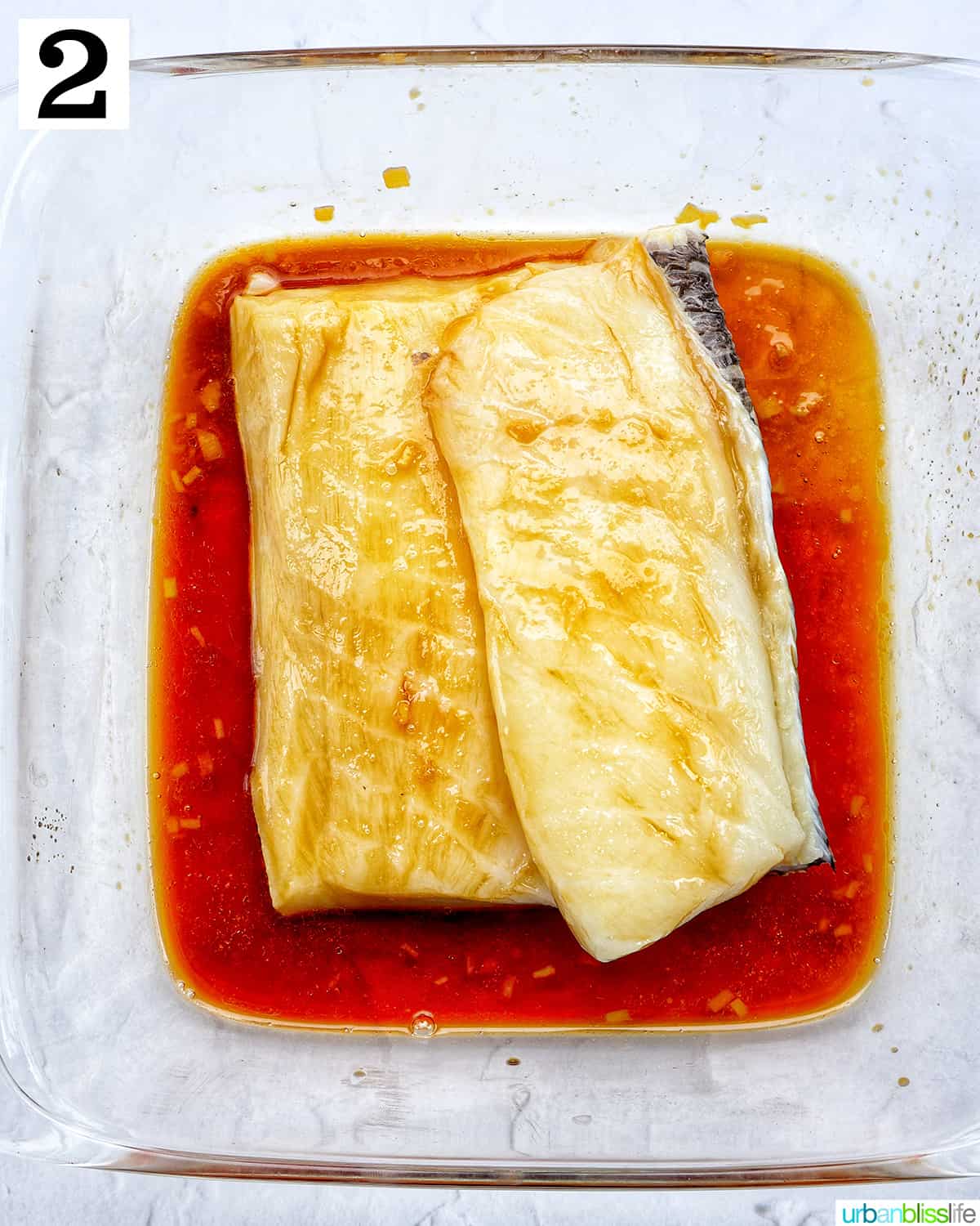 two chilean sea bass fillets marinating.