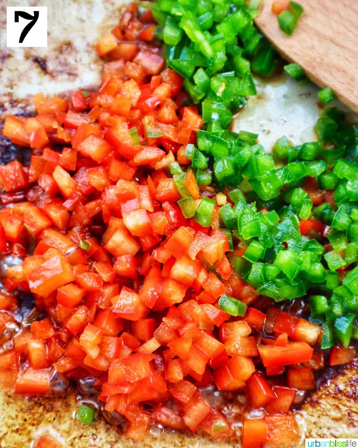 finely diced red bell peppers and green bell peppers.