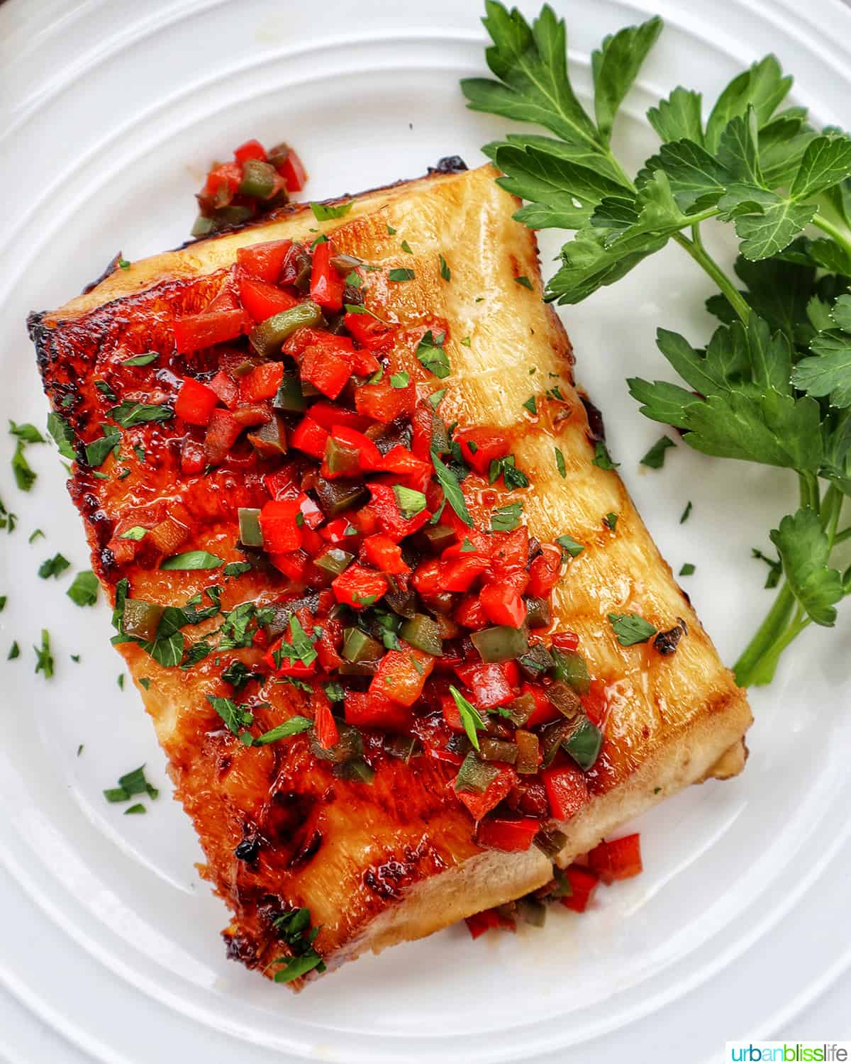 pan seared sea bass with red bell pepper and green bell pepper relish on a white plate with parsley garnish.