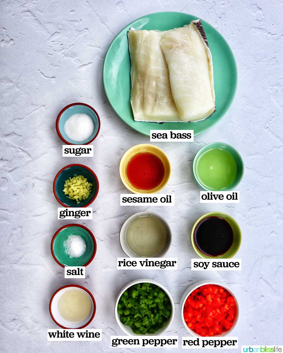 bowls of ingredients to make pan seared sea bass.