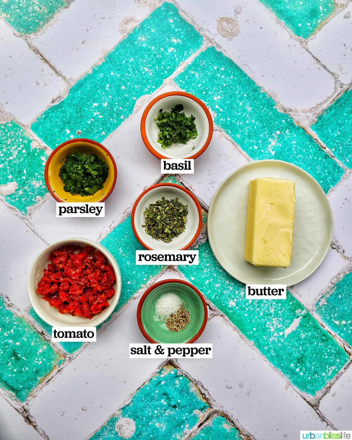 bowls of ingredients to make sun dried tomato butter.