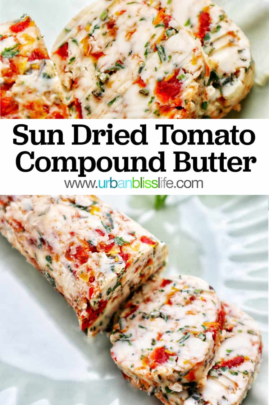 slices of sun dried tomato butter on a green plate with side of herbs.