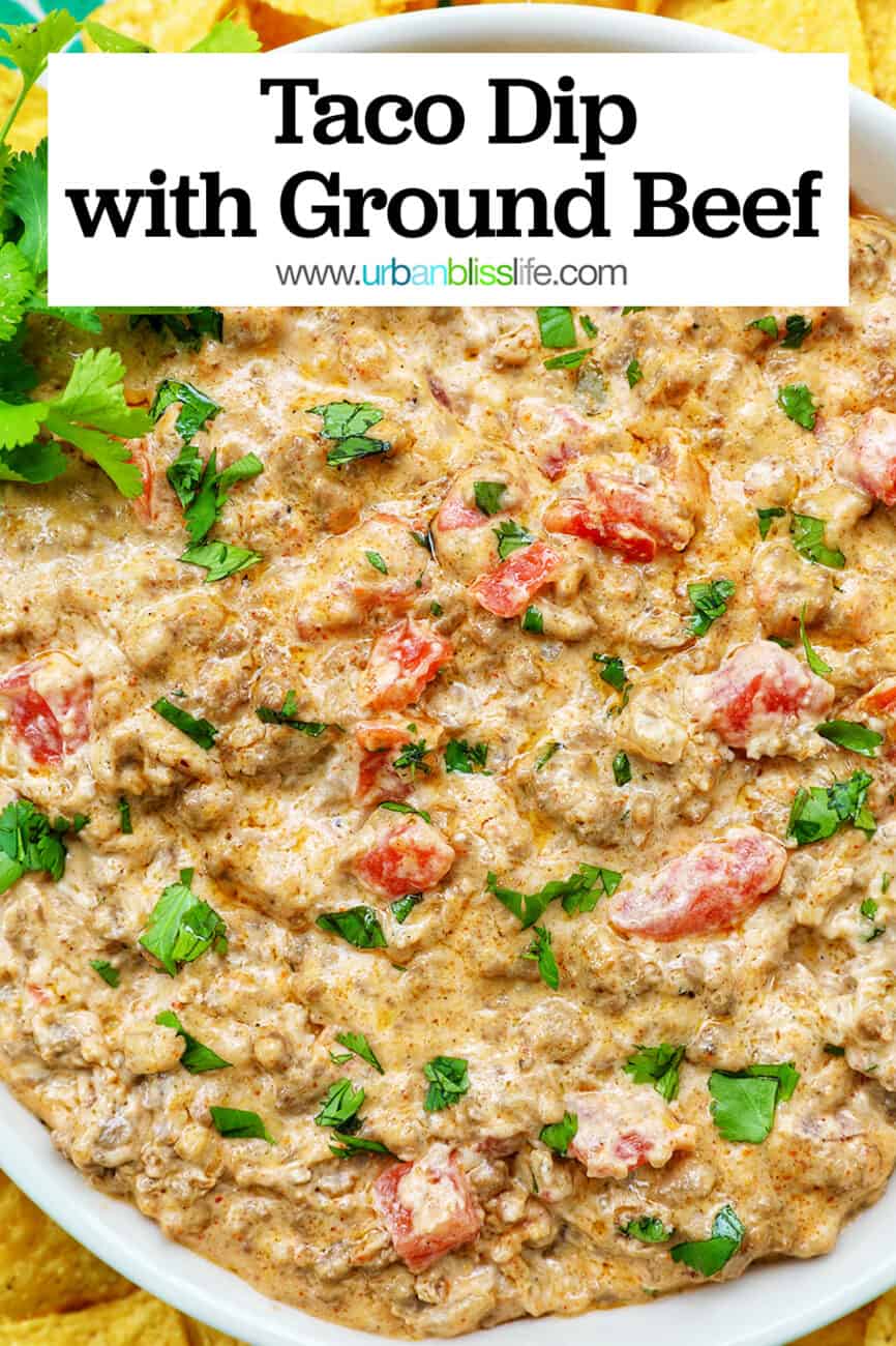 taco dip in a large white bowl and title text that reads Taco Dip With Ground Beef.