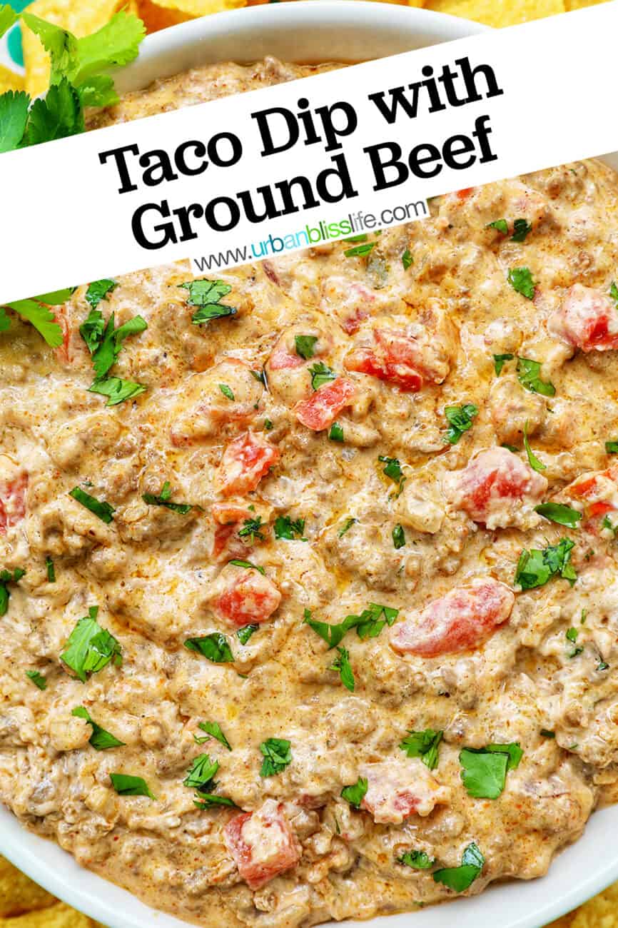 taco dip in a large white bowl and title text that reads Taco Dip With Ground Beef.