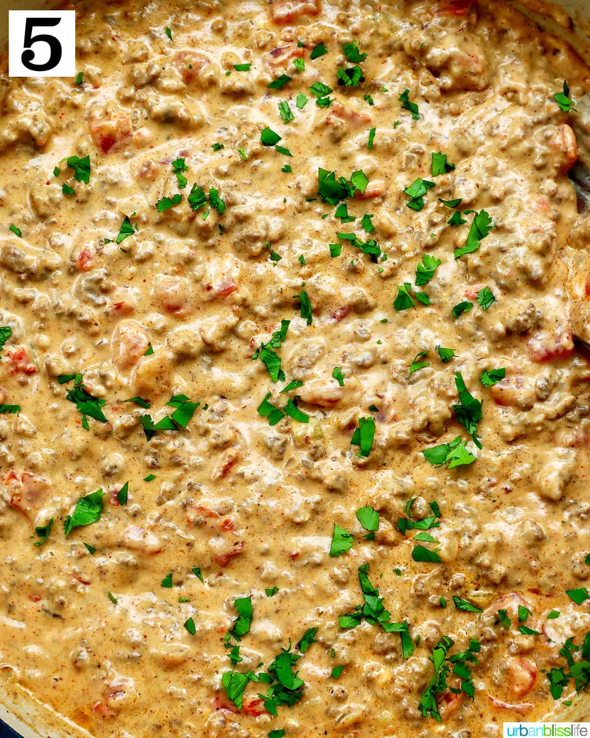 chopped cilantro sprinkled over cheesy ground beef taco dip in a pan.